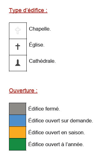 Leyenda del mapa del patrimonio religioso de Quimper y sus alrededores