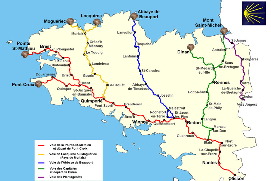 Mapa de las rutas de Santiago de Compostela en Bretaña