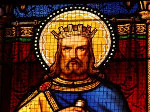 Stained glass window of King Gradlon in Saint Corentin Cathedral